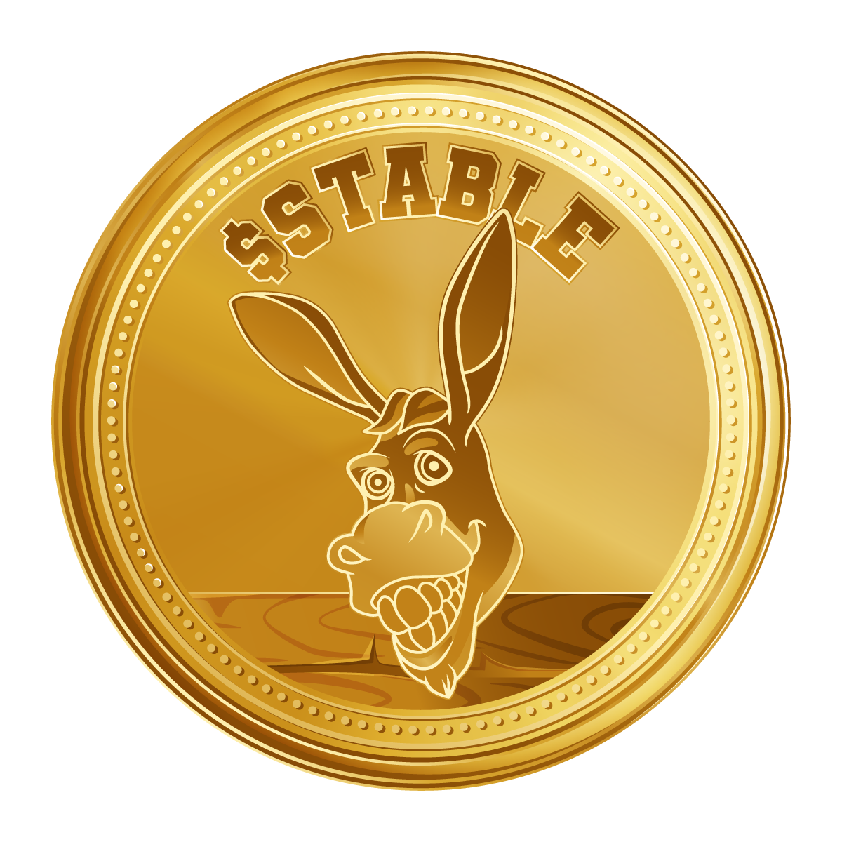 A gold $STABLE coin bearing a braying Dongkey